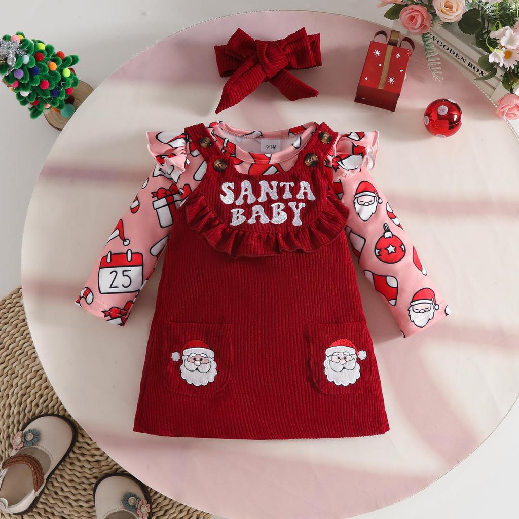 Baby Christmas Corduroy Suspender Skirt Set: Embroidered Dress Romper for Ages 0-1, European & American Style