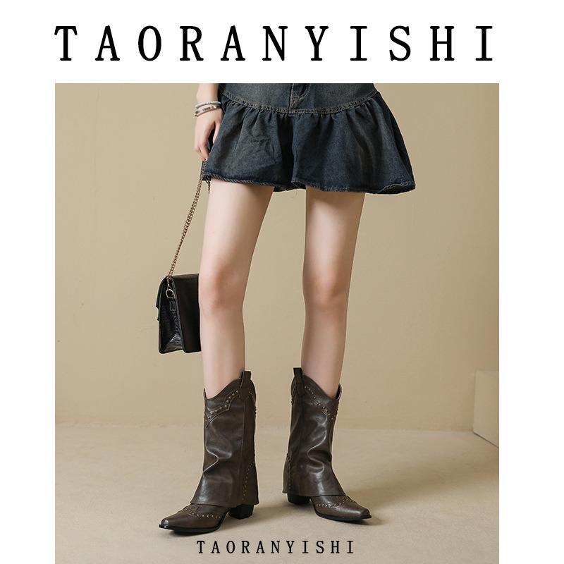 Retro Short Boots Brown Boots Fashion Western Cowboy Boots Riveted Chelsea Medium Tube Boots Women