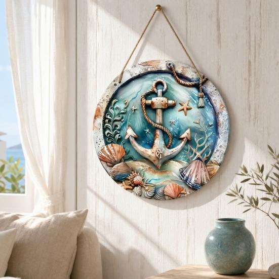 Decorative Hanging Sign Lightweight Wooden Wall Art Sign with Marine Elements Rudder Lifebuoy