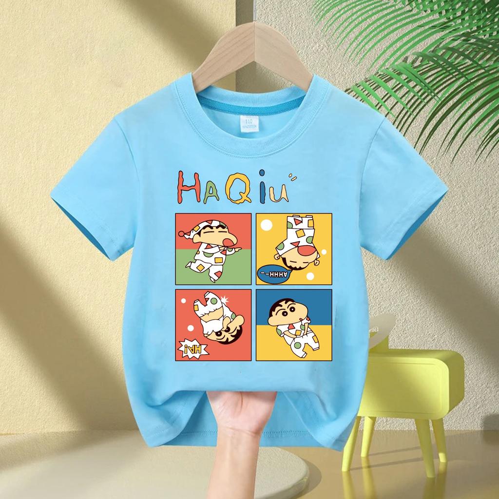 2026 New Summer Cotton Cartoon Crayon Shinchan Print TShirt Summer Fashion Casual Round Neck Cotton Childrens Top