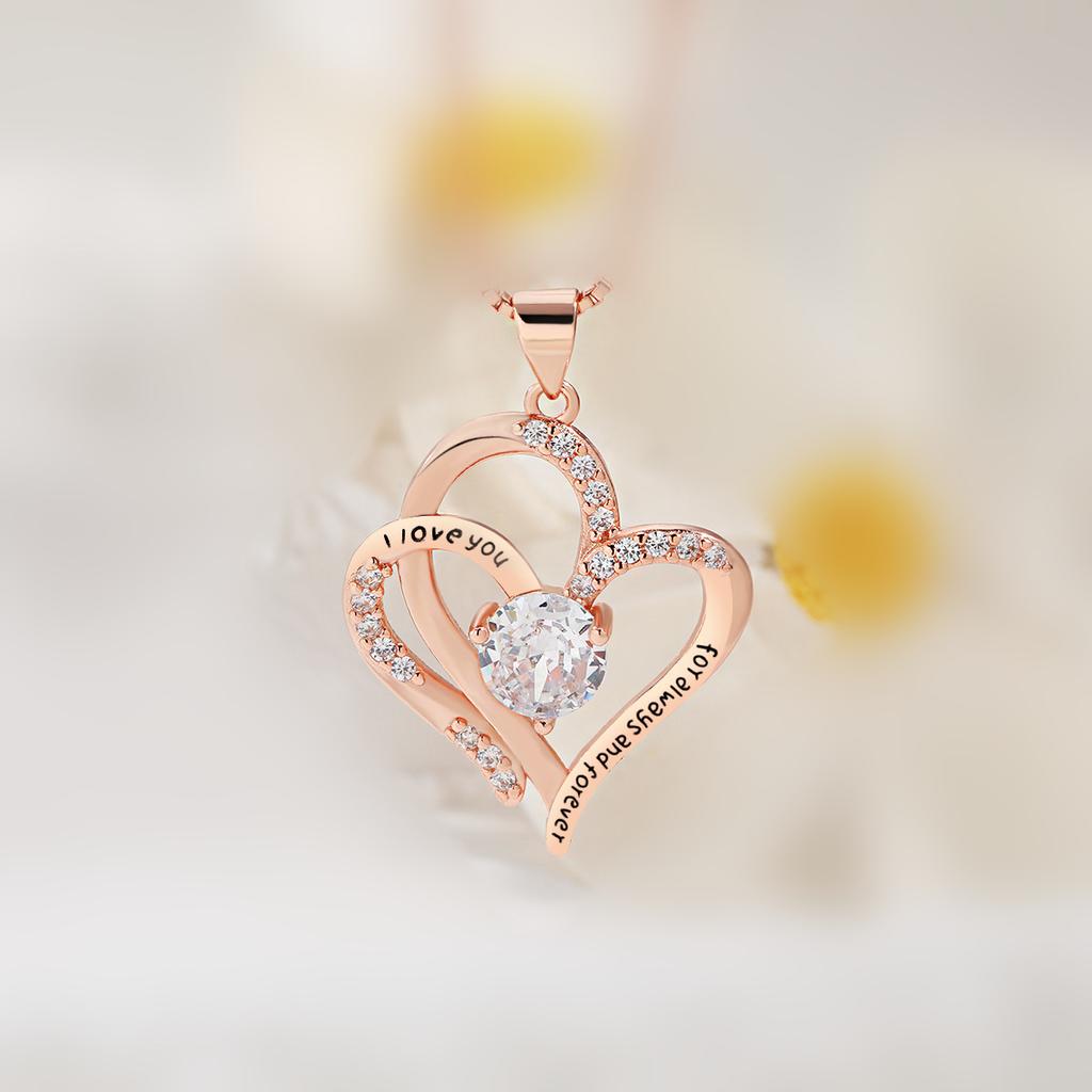 Female Heart Pendant Female, Diamond-Set Romantic Clavicle Chain Double Love Necklace