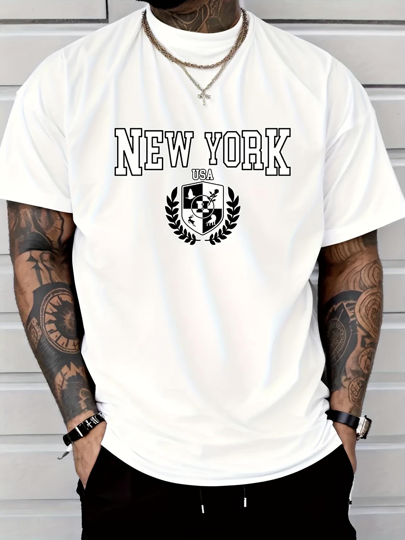 

Мужская футболка темно-синего цвета с графикой NY - Мягкий 100% хлопок, Повседневная футболка с коротким рукавом с принтом Нью-Йорка и дизайном лаврового венка, Идеальная S