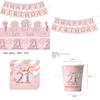 Cute Pink 21st Birthday Party Supplies Disposable Tableware Set With Banner Napkins Cups Plates And Utensils