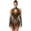 Women Leopard Print Latin Bodysuit Oversleeve Tassel Keyhole Backless Hollow Waist Button Crotch Leotard