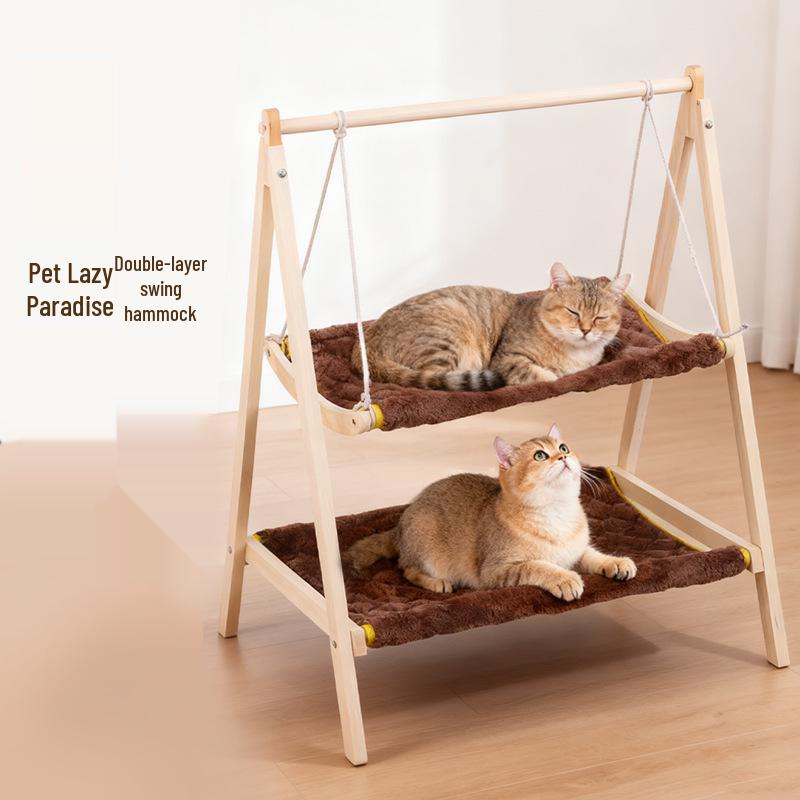 Cat Double-Layer Hammock Bed - Solid Wood Cradle & Swing House
