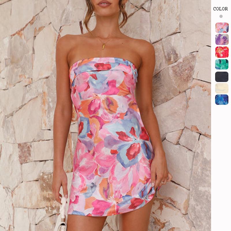 

2025 Summer Floral Backless Strapless Mini Dress Extra Large цветочный/красный