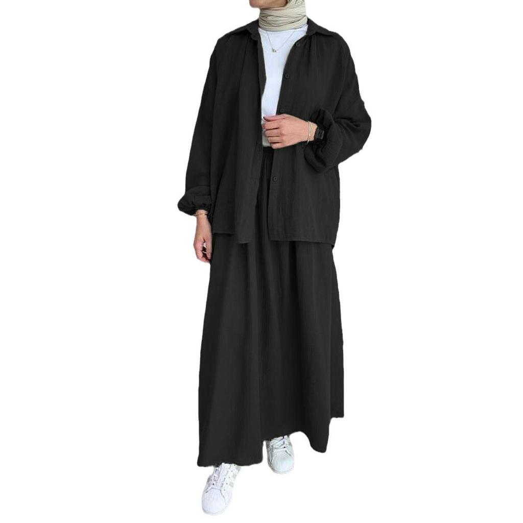 In-Stock Summer Fashion: Women's Crinkled Puff Sleeve Long Sleeve Muslim Apparel Skirt Set