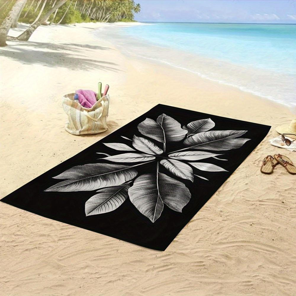 Black Beach Towel with Leaf Pattern, Elegant Botanical Art Quick-Dry Sand-Free Microfiber Bath Towels for Yoga, Swim and Travel