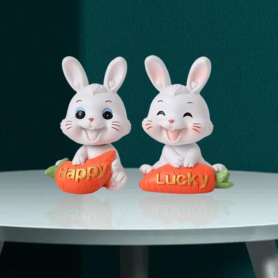 2 Painted Carrot Bunny Figurines Sculptures, Miniature Resin Rabbit Decoration, Statue for