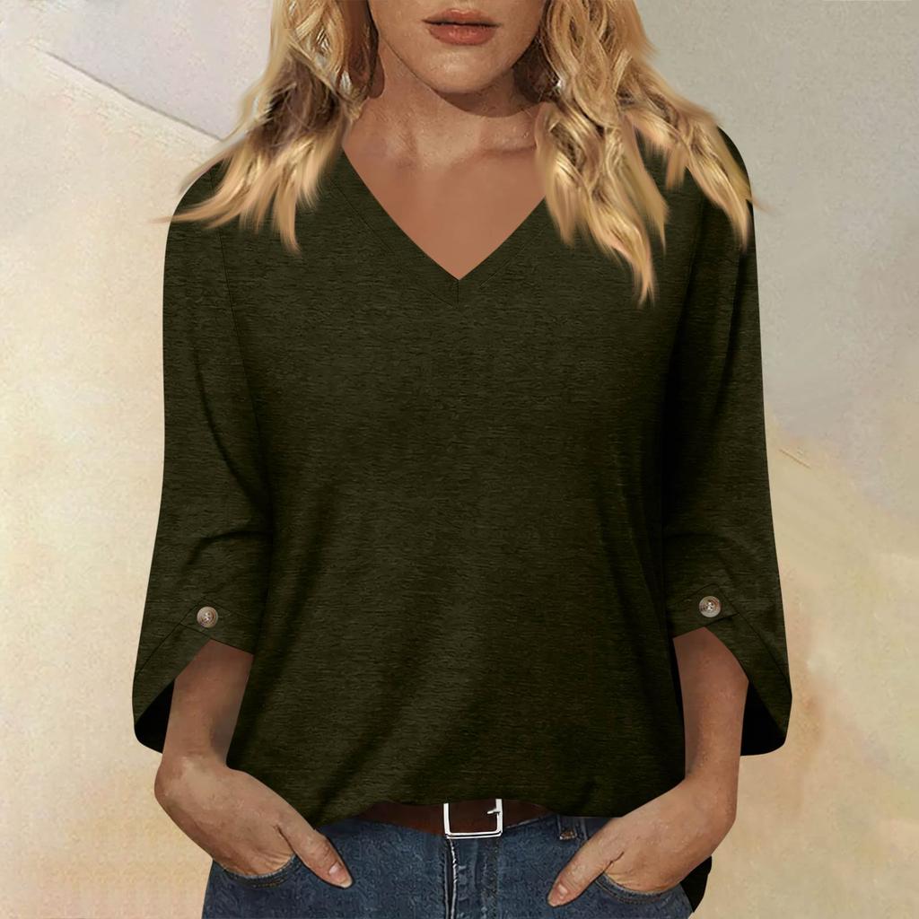 Womens V Neck Three Quarter Sleeve Blouse Loose Fit Button Lightweight Pullover Top for Casual Office Wear