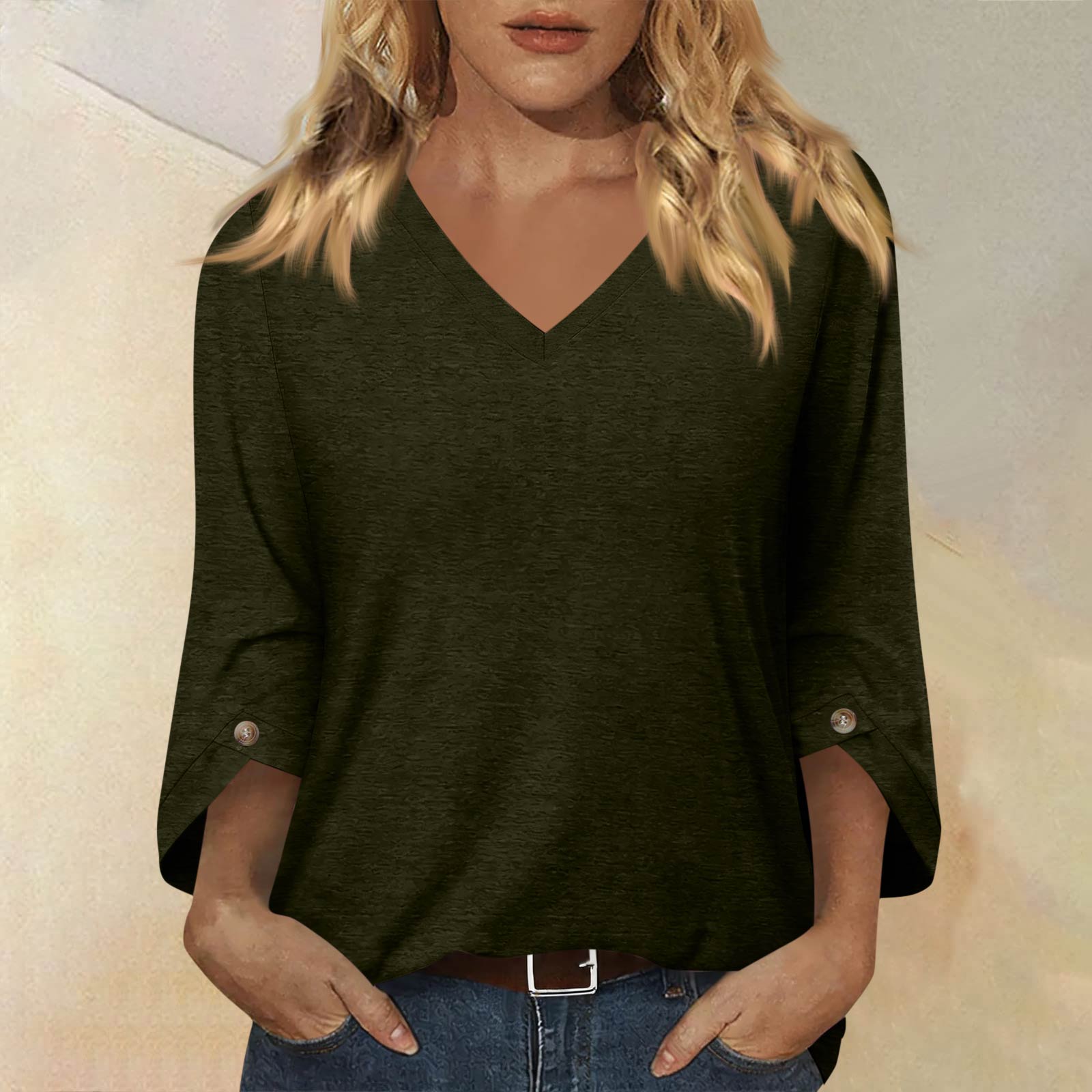 Women s Fashionable Casual Three Quarter Sleeve -Color Collar Pullover Top L