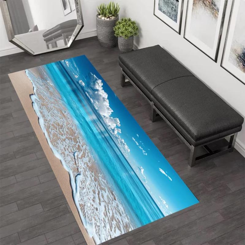 3D Ocean-Sky Gradient Carpet, Photorealistic Beach Wave & Cloud Print Runner Rug Immersive Seascape Floor Mat for Corridor Decor