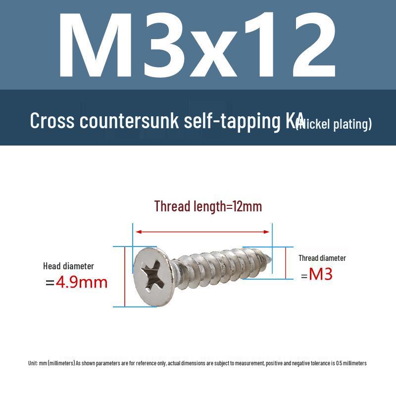 YiguYigu Nickel-Plated Phillips Flat Head Self-Tapping Screws M1-M5, Carbon Steel