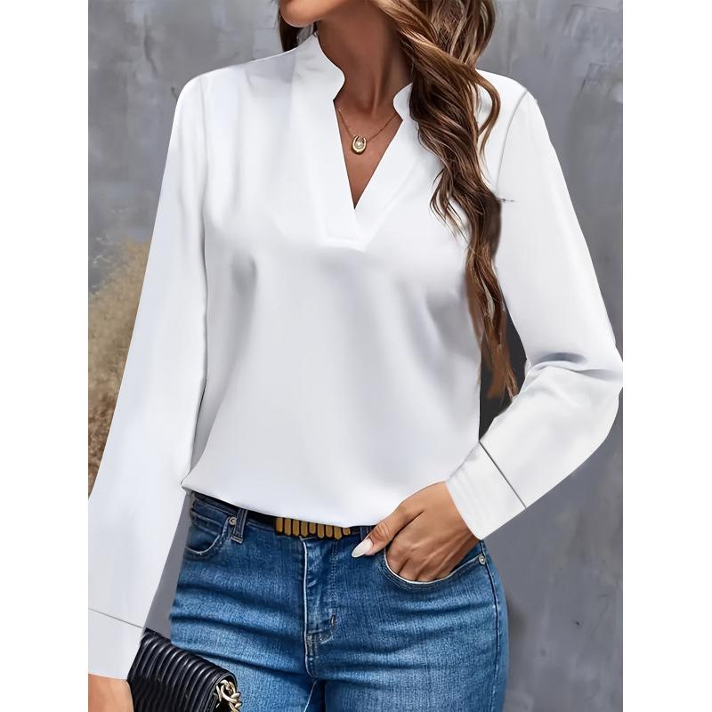 Simple Casual Solid Color V-Neck Loose Shirt Top Women