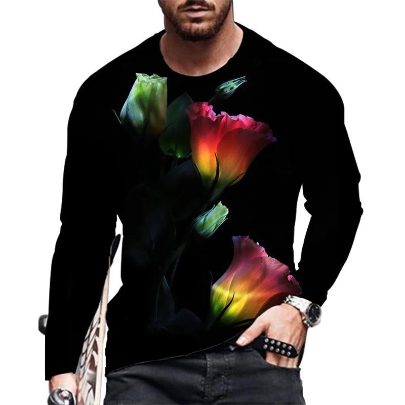 Casual Rose 3D Digital Printing Men'S Casual Fashion Long Sleeve Crew Neck T-Shirt