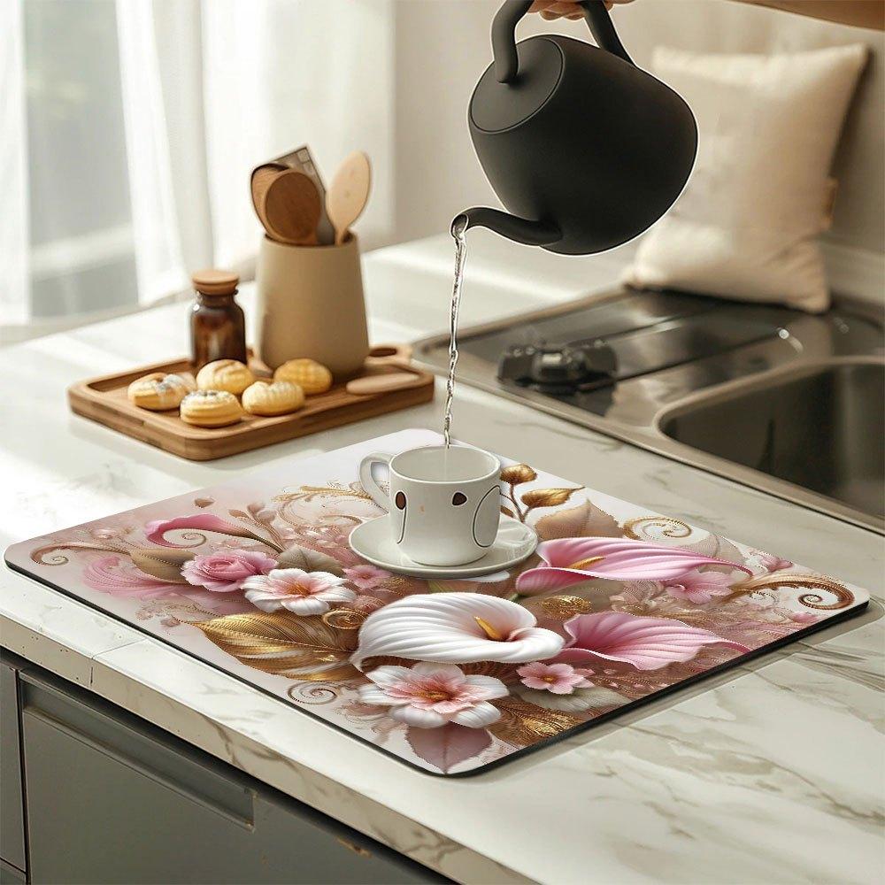 1Pcs Rubber Drying Mat With Pink Floral For Coffee Shop Restaurant Kitchen Carpet Tableware Durable Diatom Mud Table Mat Pet Mat