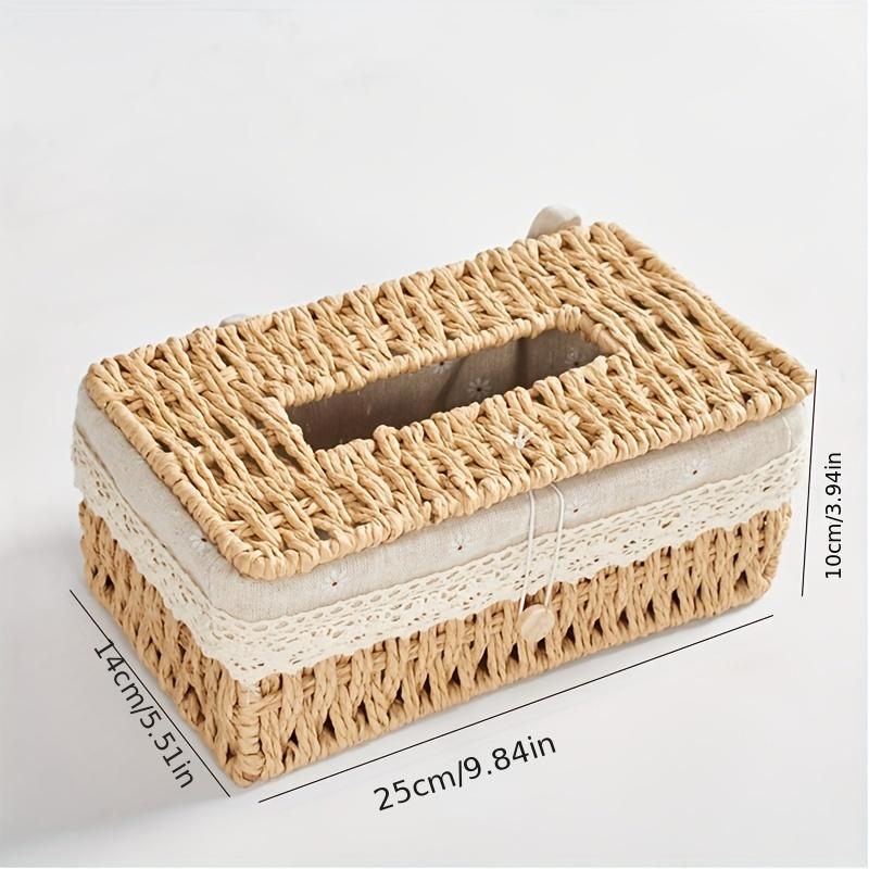 Durable Paper Rope Vintage-Style Woven Tissue Box Cover with Lid - Storage Organizer for Home Decor, Utility Hooks
