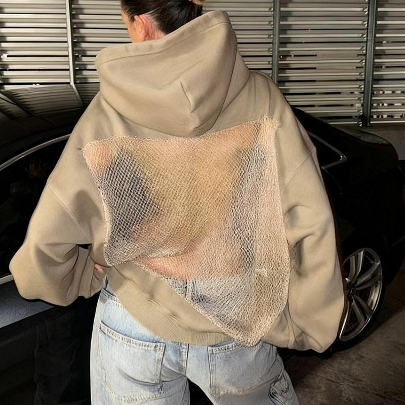 Hohlstrick-Kapuzenpullover für Damen Sexy Transparenter Pullover Leichte Langarm-Sweatshirt Trendiger Lässiger Streetwear-Look