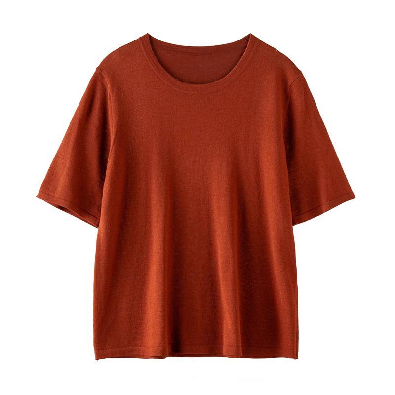 Yangzi 100% Wool Women's Slimming Short Sleeve Knit Shirt - Spring/Summer Round Neck Fashion.