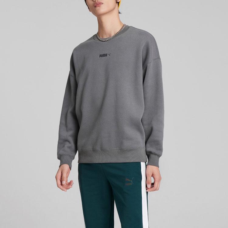 PUMA Solid Color Logo Embroidered Pullover Crew Neck Sweatshirt Men Tops Grey 534365-44