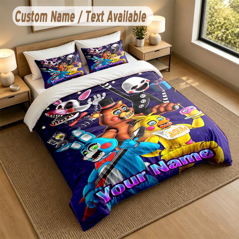 Set Biancheria da Letto 3 Pezzi con Nome Personalizzato, Copripiumino 1 Pezzo e 2 Federe Five Nights at Freddy’s 1, Biancheria da Letto Morbida per Regalo