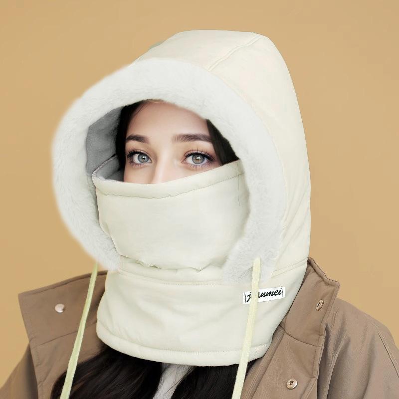 Warm, velvet, thickened, cold-proof mask, scarf, integrated hat for women's winter new Lei Feng hat, windproof cycling bag head hat