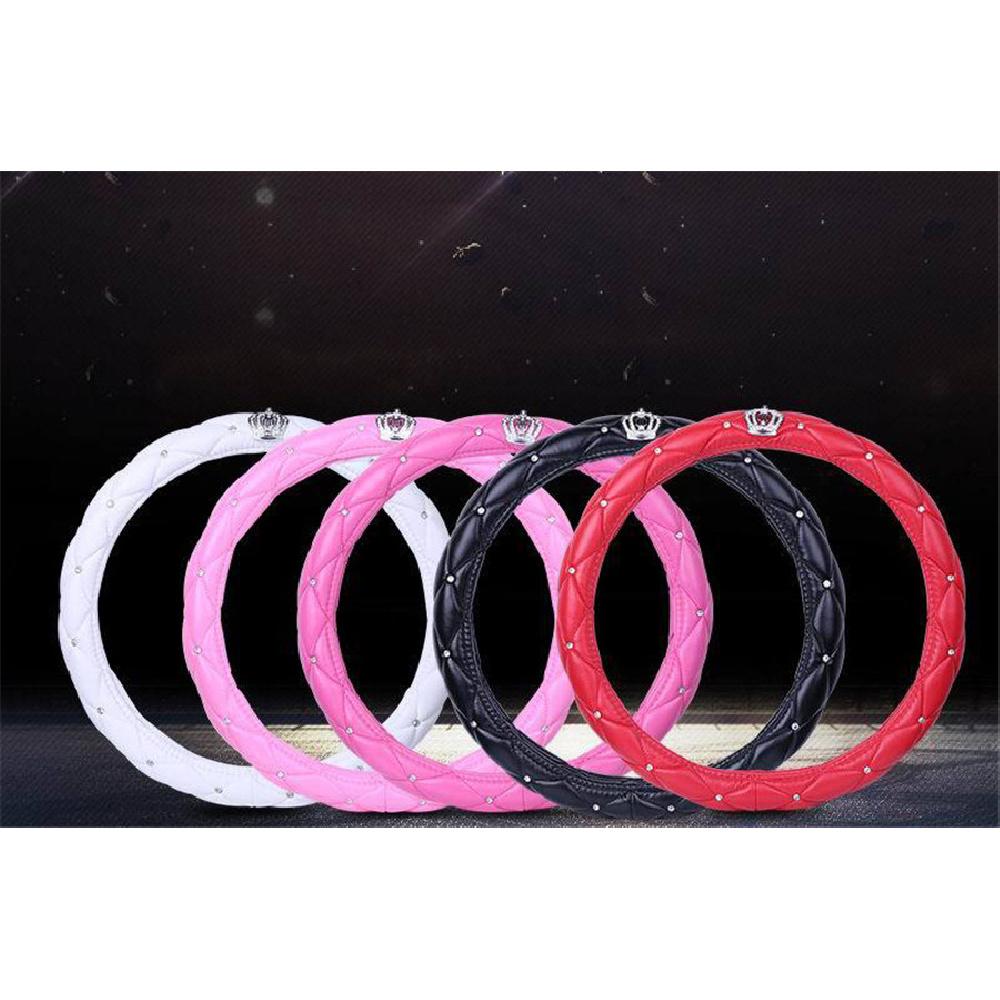Black Car Steering Wheel Cover Pu Leather 38Cm Rhinestone Crystal Diamond Crown
