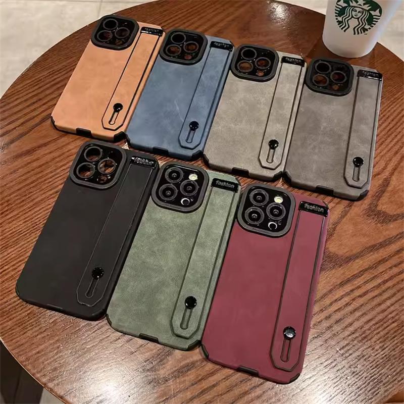 Wrist Strap Holder Case For iPhone 17 16 13 12 11 Pro Max Matte Leather Phone Cases For iPhone Air 15 14 Pro Max 16 Plus Cover