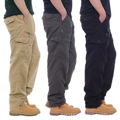 Cotton Overalls with Multiple Pockets for Men, Elastic Waist Large Size Casual Pants. Loose Work Pants for Middle-aged and Elderly Men.