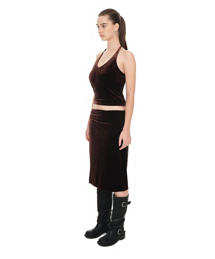 Too Much Tax Velour Midi Skirt Dark Brown