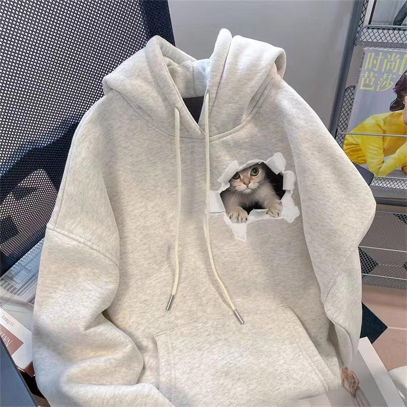 American trendy brand fun cat hooded sweater male and female loose student cute velvet jacket
