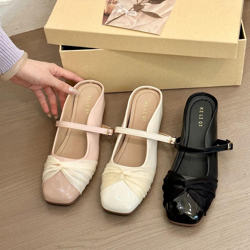 Obediently Milky White! Sweet Square Head Wrinkles Increase Height Baotou Half Slippers Women's 2025 Spring and Summer Outer Platform Single Shoes