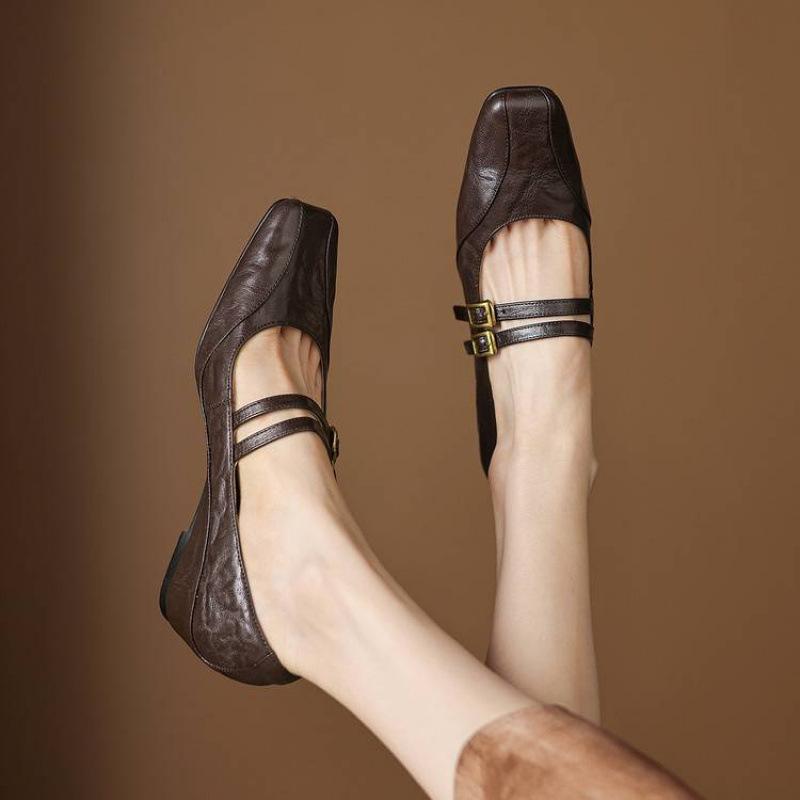 New four-season wear women's sheepskin low-top shoes leather wedge heel buckle lazy shoes women's casual round head women's single shoes