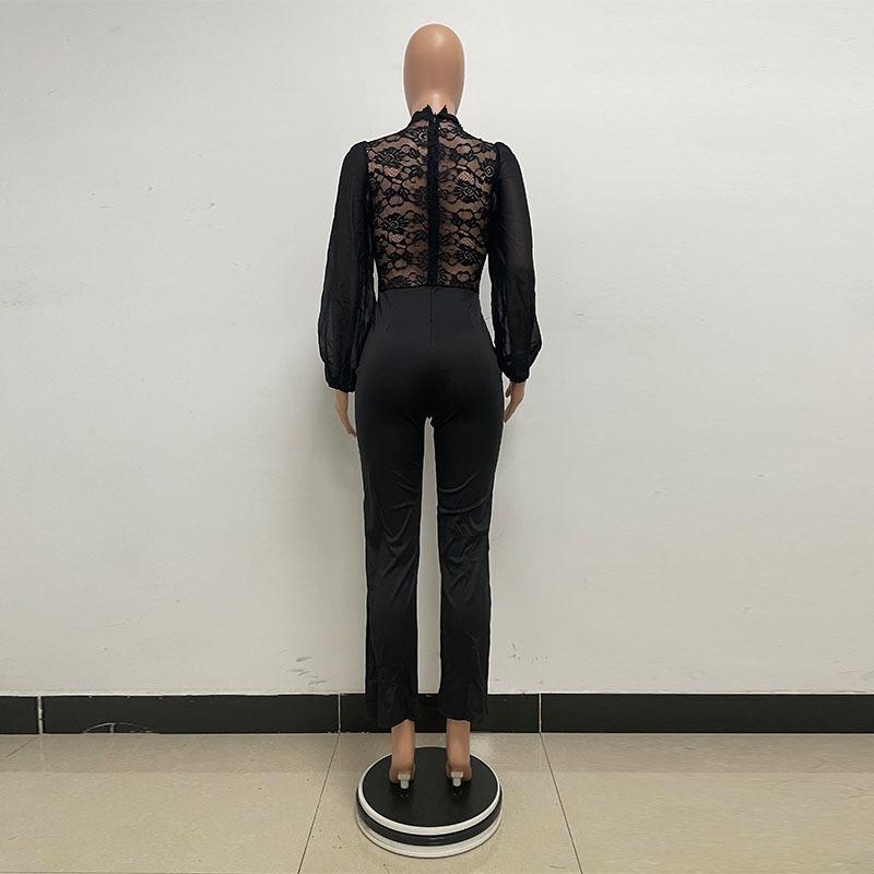 Women's High Collar Lace Lace Fashion Solid Color Chiffon Long Sleeve High Waist Jumpsuit