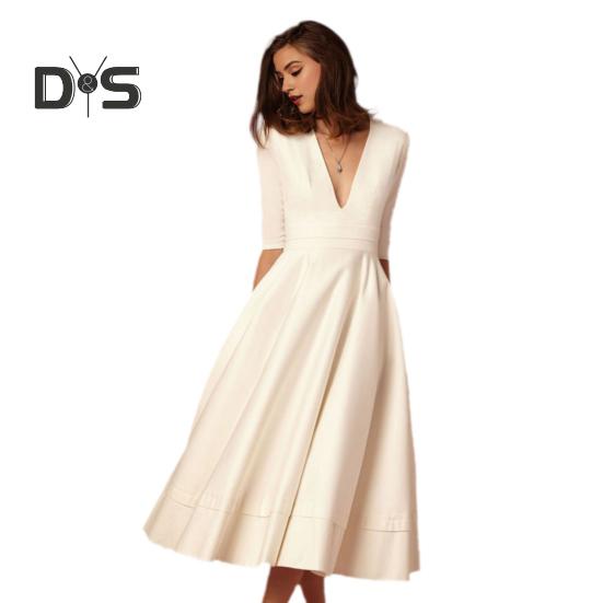 Women Midi Dress Deep V Neck A-line Flowy Hem Solid Color Half Sleeves Pure Color Dating Dress Prom Party Banquet Evening Dress