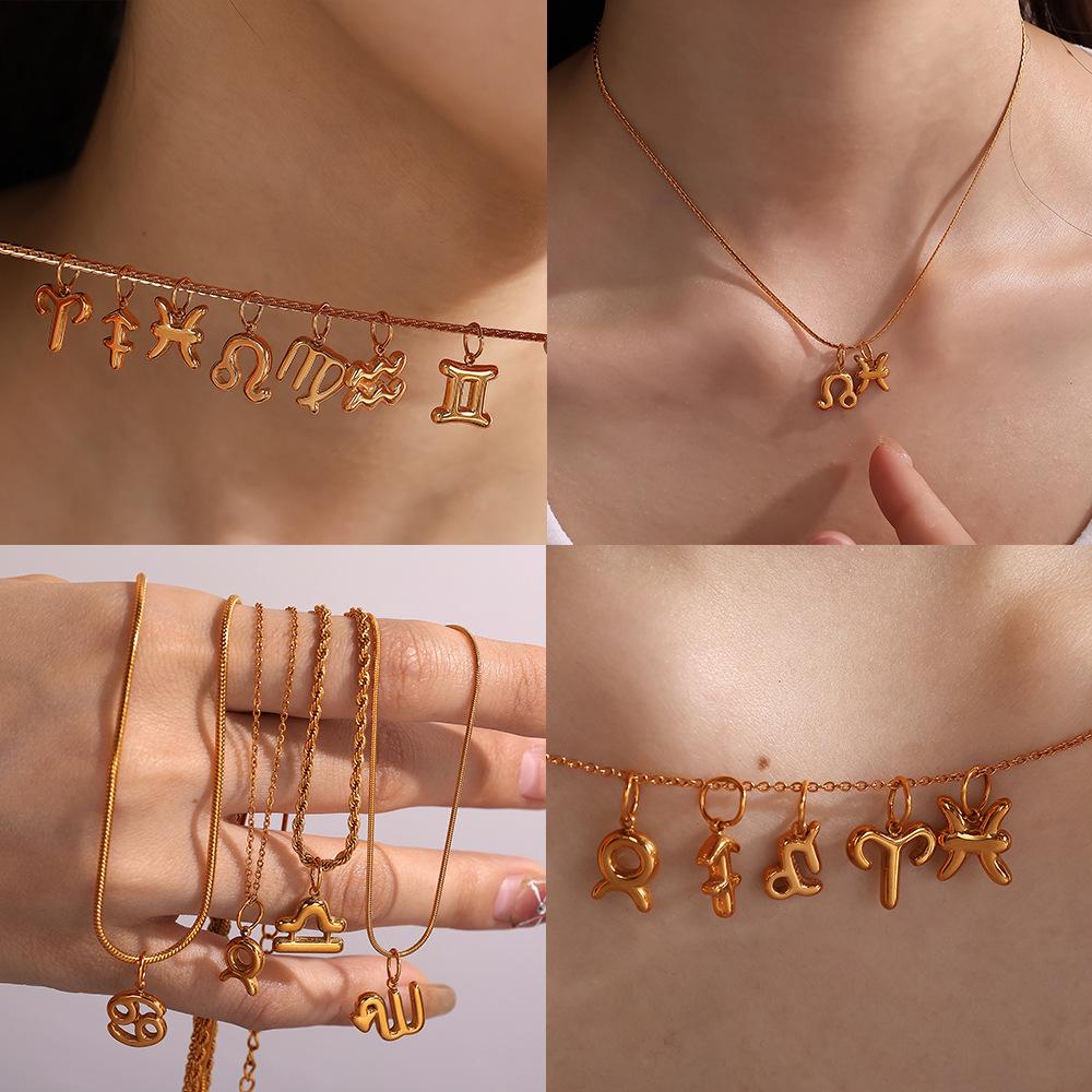 18K Gold Plated Stainless Steel Zodiac Pendant Necklace - European & American Fashion