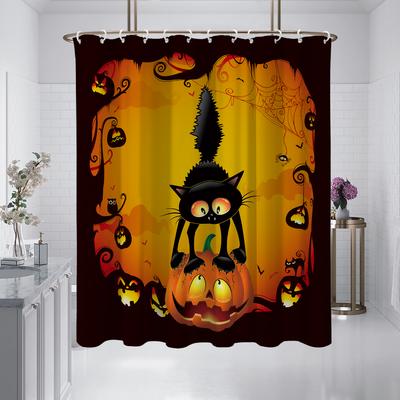 1 Piece 180x180cm Orange Pumpkin Black Cat Print Halloween Shower Curtain Partition Bathroom Waterproof and Mildew Proof