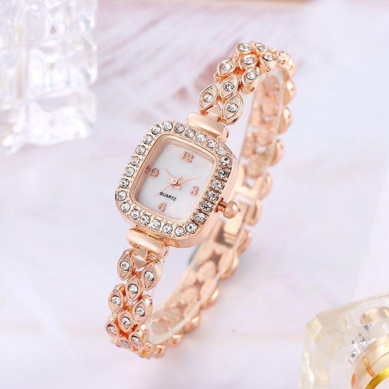 Ladies Trendy Small Sugar Cube Bracelet Watch, Light Luxury Rose Gold Gypsy Star Diamond Set Love Bracelet Set