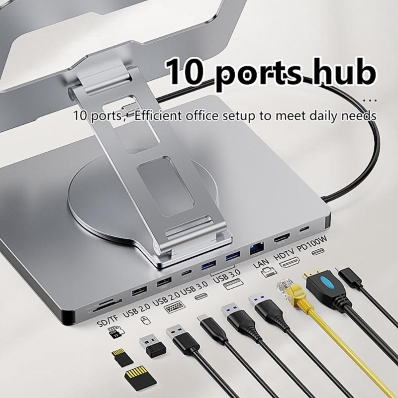 10 Port Laptop Dock Holder with 4K60hz Output USB3.0x3 Support and PD100W Charging 360 Degree Rotation Holder
