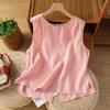 Damen Leinen Baumwolle Ärmellose Bluse Weste Wendbar Einreiher Rundhals Locker Sommer Tanktop