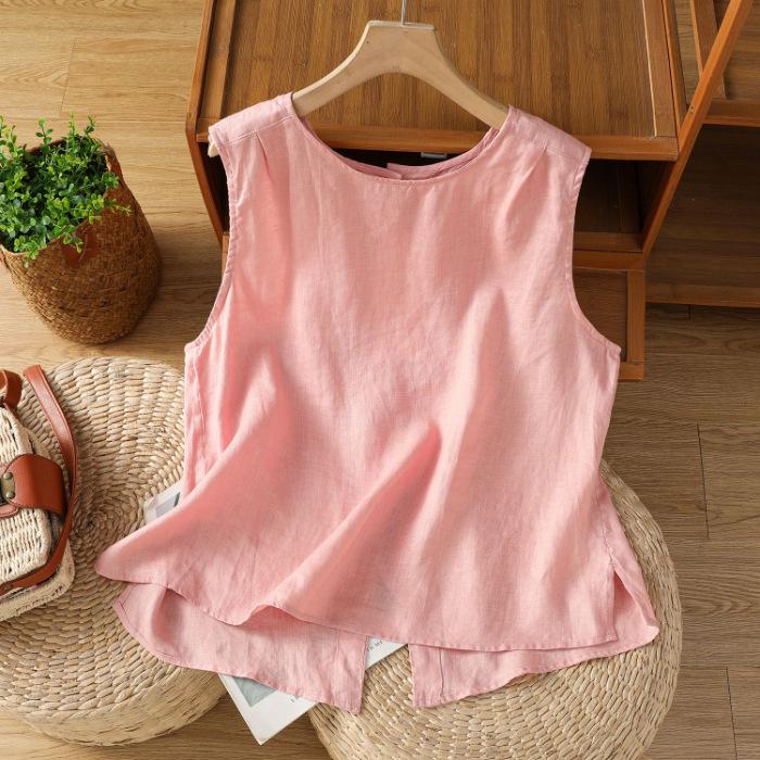 Damen Leinen Baumwolle Ärmellose Bluse Weste Wendbar Einreiher Rundhals Locker Sommer Tanktop