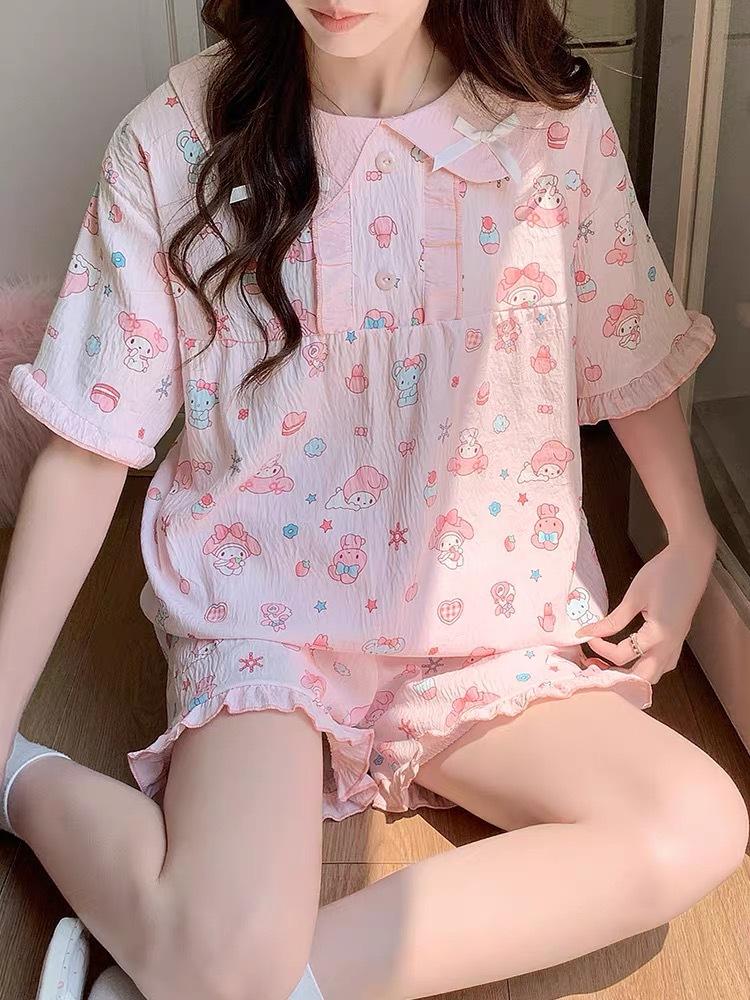 

Japanese new full-printed pink Melody pajamas women s short-sleeved shorts doll collar two-piece princess style loungewear S