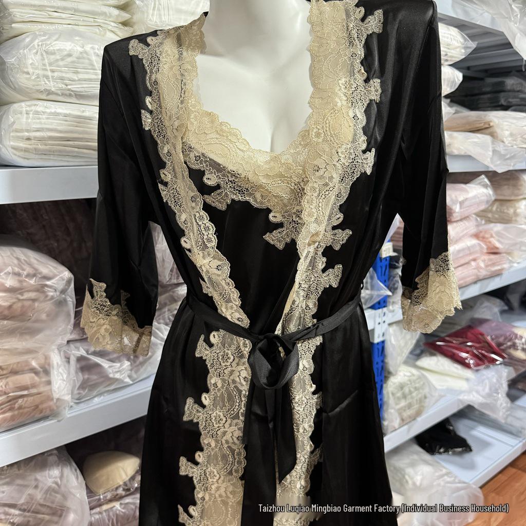 7019 Women's Sexy Lace Silk Nightgown & Bathrobe Set