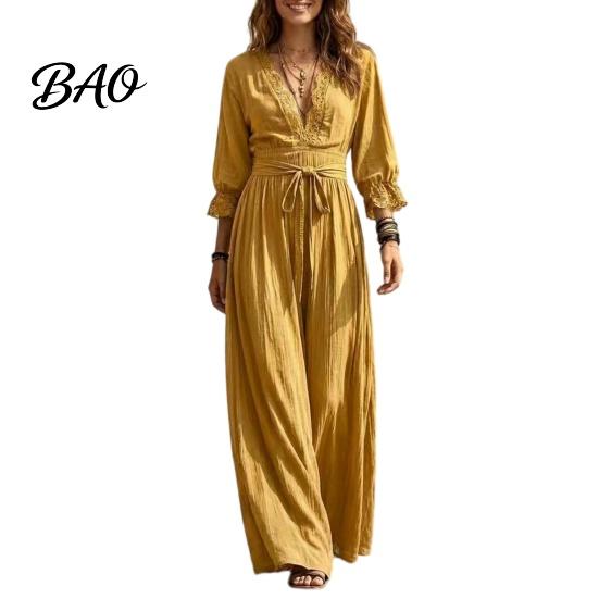 Daily Wear Lace Dress Women V-Neck for Fall, 3/4 Sleeves Maxi with Solid Color Belt, Loose Casual Long Vacation Three Quarter Sleeve