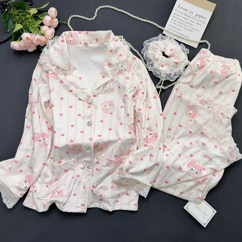 

Женский бархатный мультяшный пижамный комплект в горошек с кружевом на 2025 год - С длинным рукавом и брюками - В японском стиле M белый