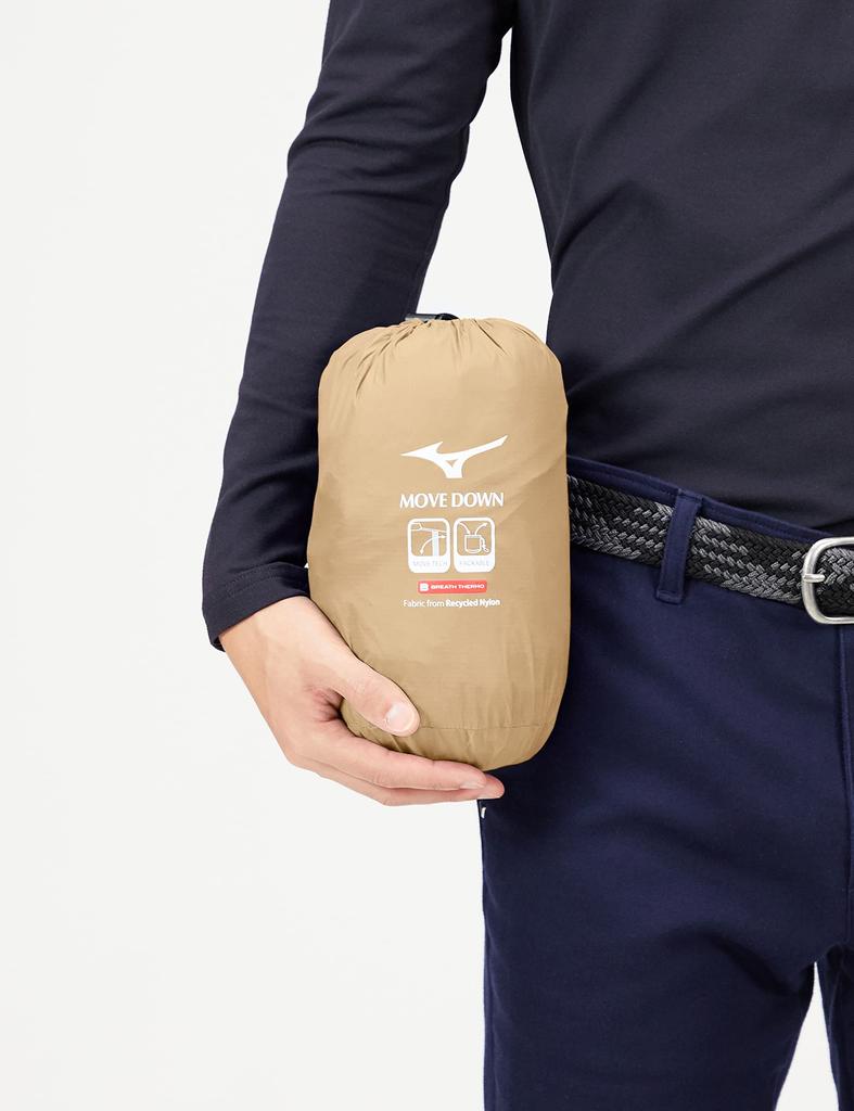 Mizuno Breath Thermo Move Down Golf Recycled Safari Size L Wear, Moisture-Wicking, Heat-Generating, Materials, E2ME2505, Beige,