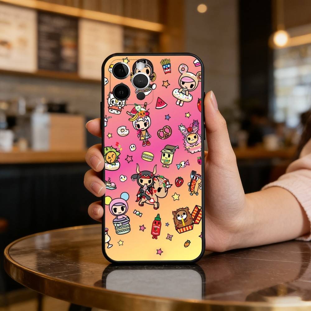 Japan T-Tokidokis CUTE Phone Case For iPhone 17,16,15,14,13,12,11 Plus,Pro Max,Soft Silicone Black Cover