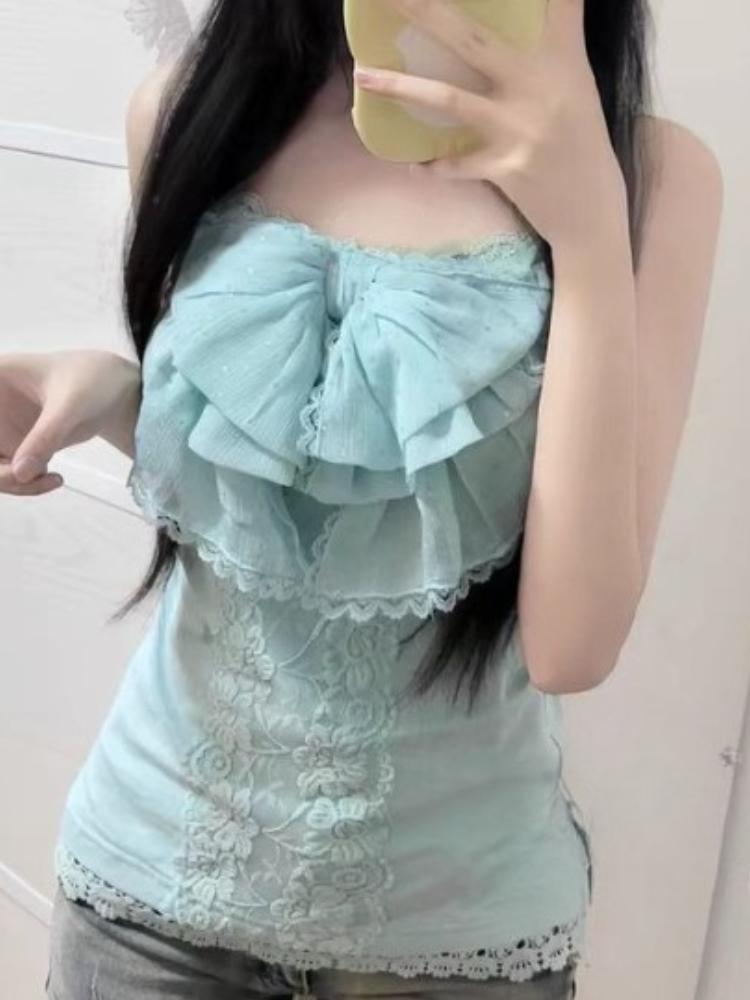 Summer France Bow Vintage Slim Sling Tops Women Casual Sweet Sleeveless Off Shoulder Vest Hot Girl Y2k Patchwork Lace Sexy Top