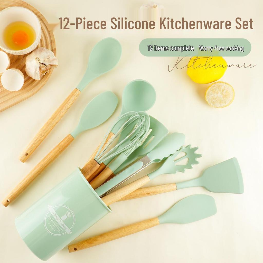 12-Piece Silicone Kitchenware Set with Wooden Handles - Non-stick and Heat Resistant Spatula & Soup Ladle