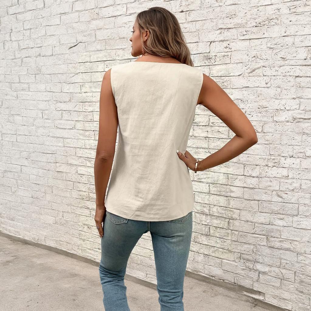 Women's Casual Fashion Sleeveless Button-Down Top Vest T-Shirt